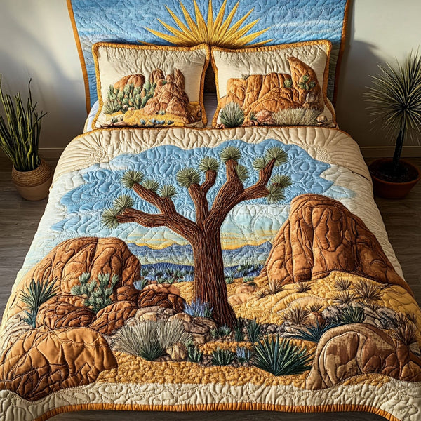Oasis of Joshua quilted 3-piece bedding set on a made bed with two matching pillow shams