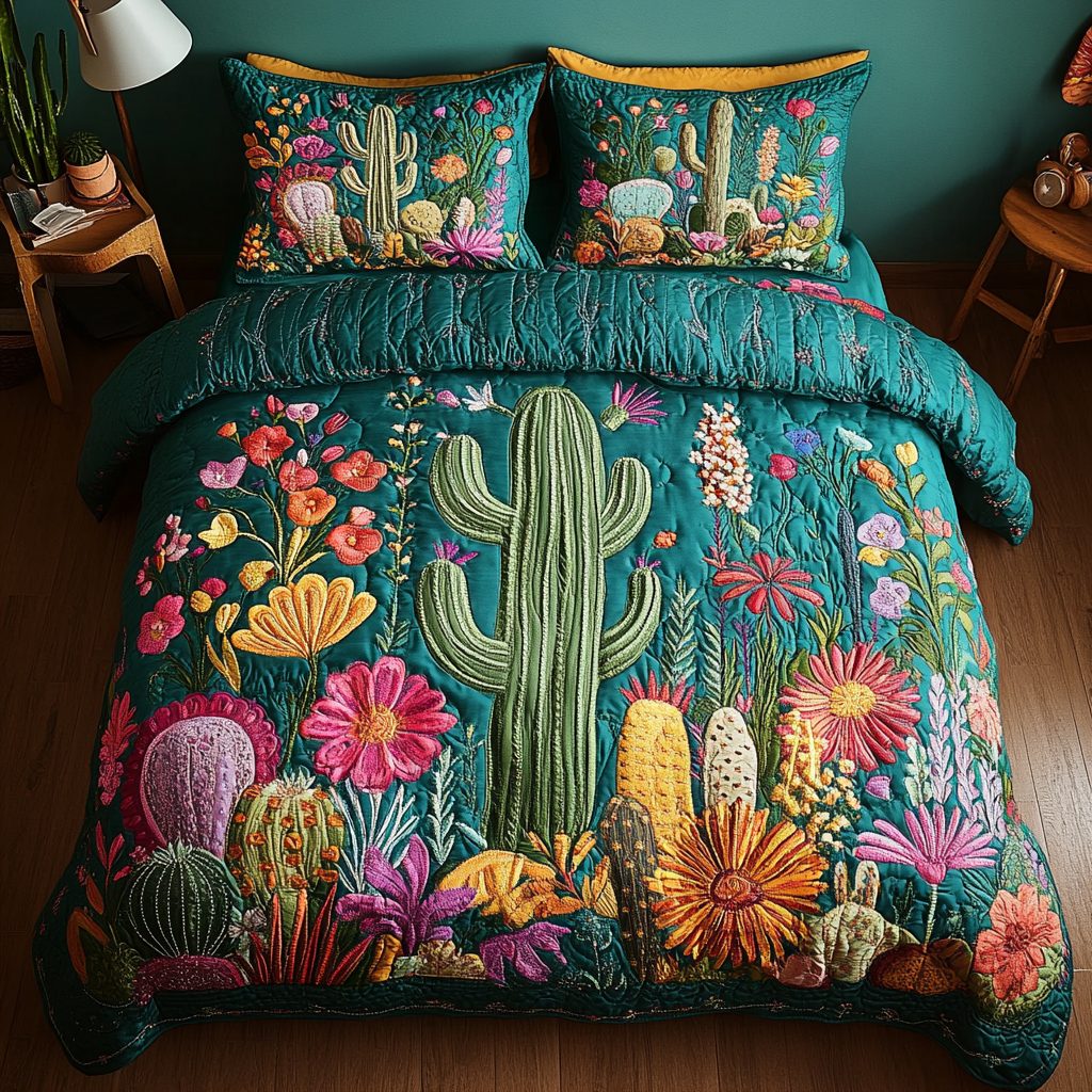 Oasis Retreat quilted 3-piece bedding set on a made bed with two matching pillow shams