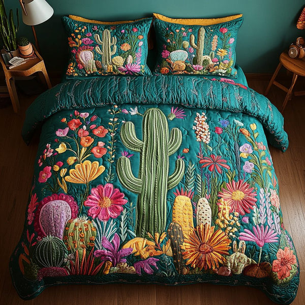 Oasis Retreat quilted 3-piece bedding set on a made bed with two matching pillow shams