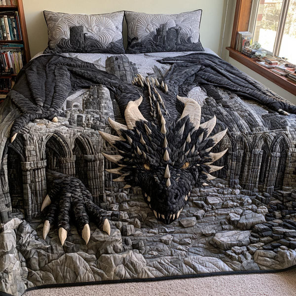 Obsidian Gatekeeper quilted 3-piece bedding set on a made bed with two matching pillow shams