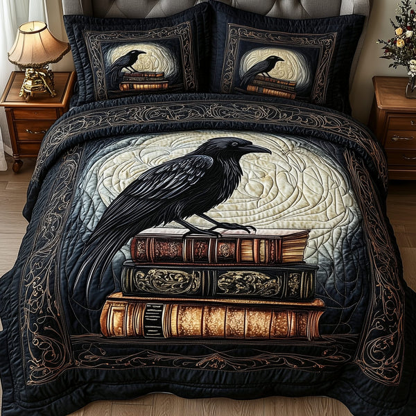 Obsidian Raven quilted 3-piece bedding set on a made bed against a dark styled interior