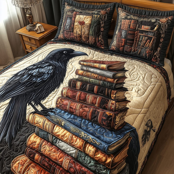 Obsidian Raven quilted 3-piece bedding set on a made bed against a dark styled interior
