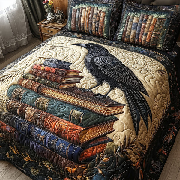 Obsidian Raven quilted 3-piece bedding set on a made bed against a dark styled interior