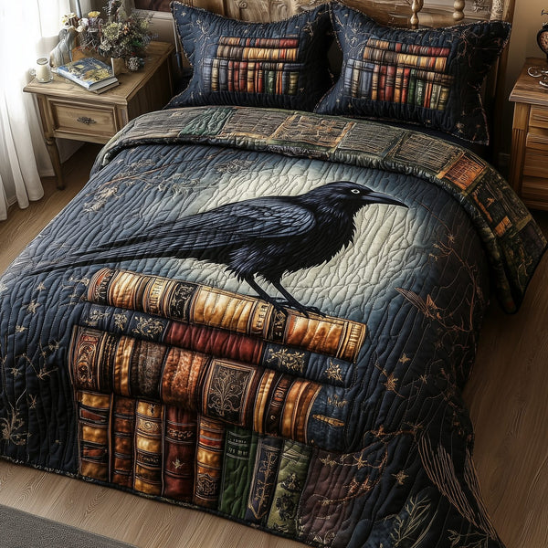 Obsidian Raven quilted 3-piece bedding set on a made bed against a dark styled interior