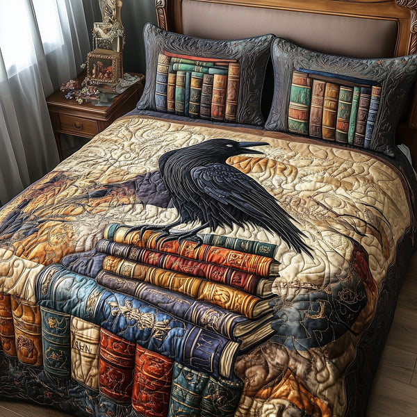 Obsidian Raven quilted 3-piece bedding set on a made bed against a dark styled interior