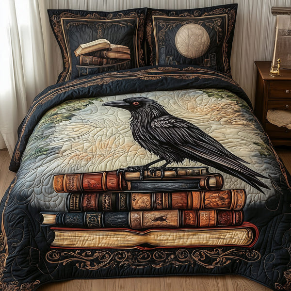 Obsidian Raven quilted 3-piece bedding set on a made bed against a dark styled interior
