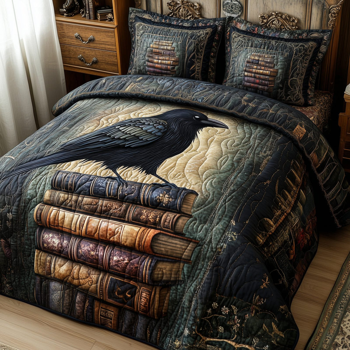 Obsidian Raven quilted 3-piece bedding set on a made bed against a dark styled interior