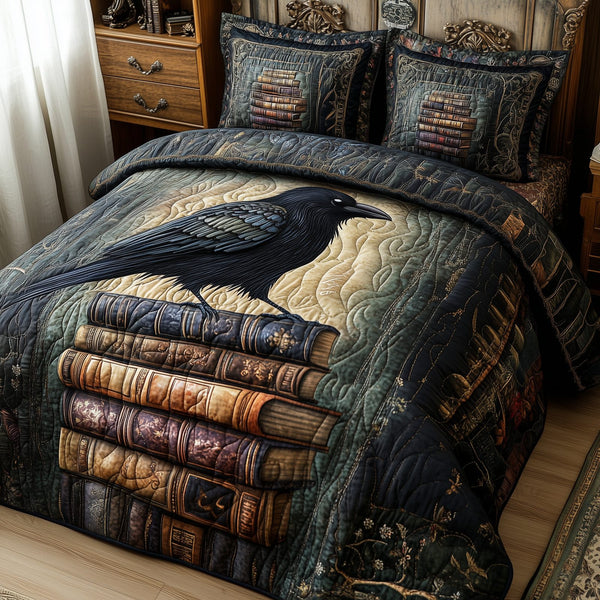 Obsidian Raven quilted 3-piece bedding set on a made bed against a dark styled interior