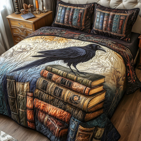 Obsidian Raven quilted 3-piece bedding set on a made bed against a dark styled interior