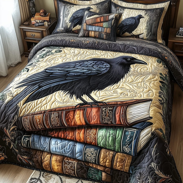 Obsidian Raven quilted 3-piece bedding set on a made bed against a dark styled interior