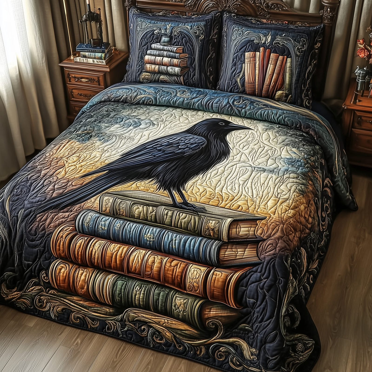 Obsidian Raven quilted 3-piece bedding set on a made bed against a dark styled interior
