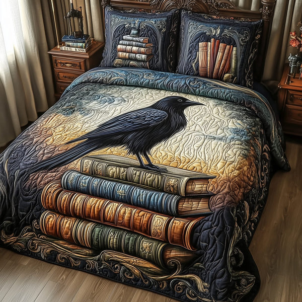 Obsidian Raven quilted 3-piece bedding set on a made bed against a dark styled interior
