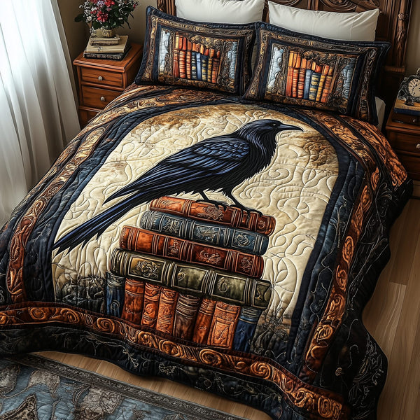 Obsidian Raven quilted 3-piece bedding set on a made bed against a dark styled interior