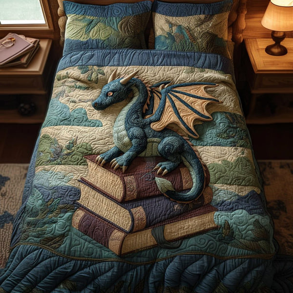 Obsidian Sky Wyrmling quilted 3-piece bedding set on a made bed with two matching pillow shams