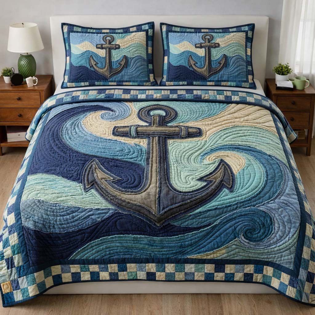 Ocean Anchor quilted 3-piece bedding set on a made bed in a light coastal bedroom