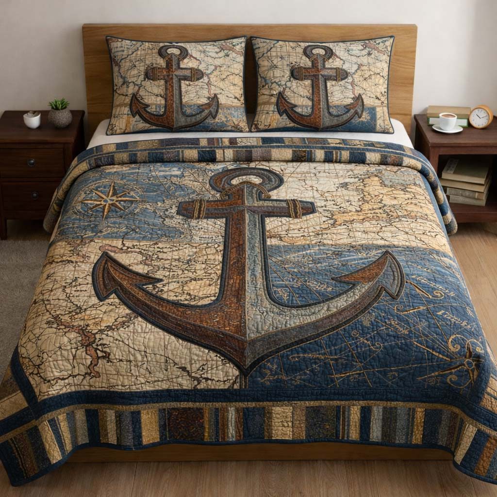 Ocean Anchor quilted 3-piece bedding set on a made bed in a light coastal bedroom