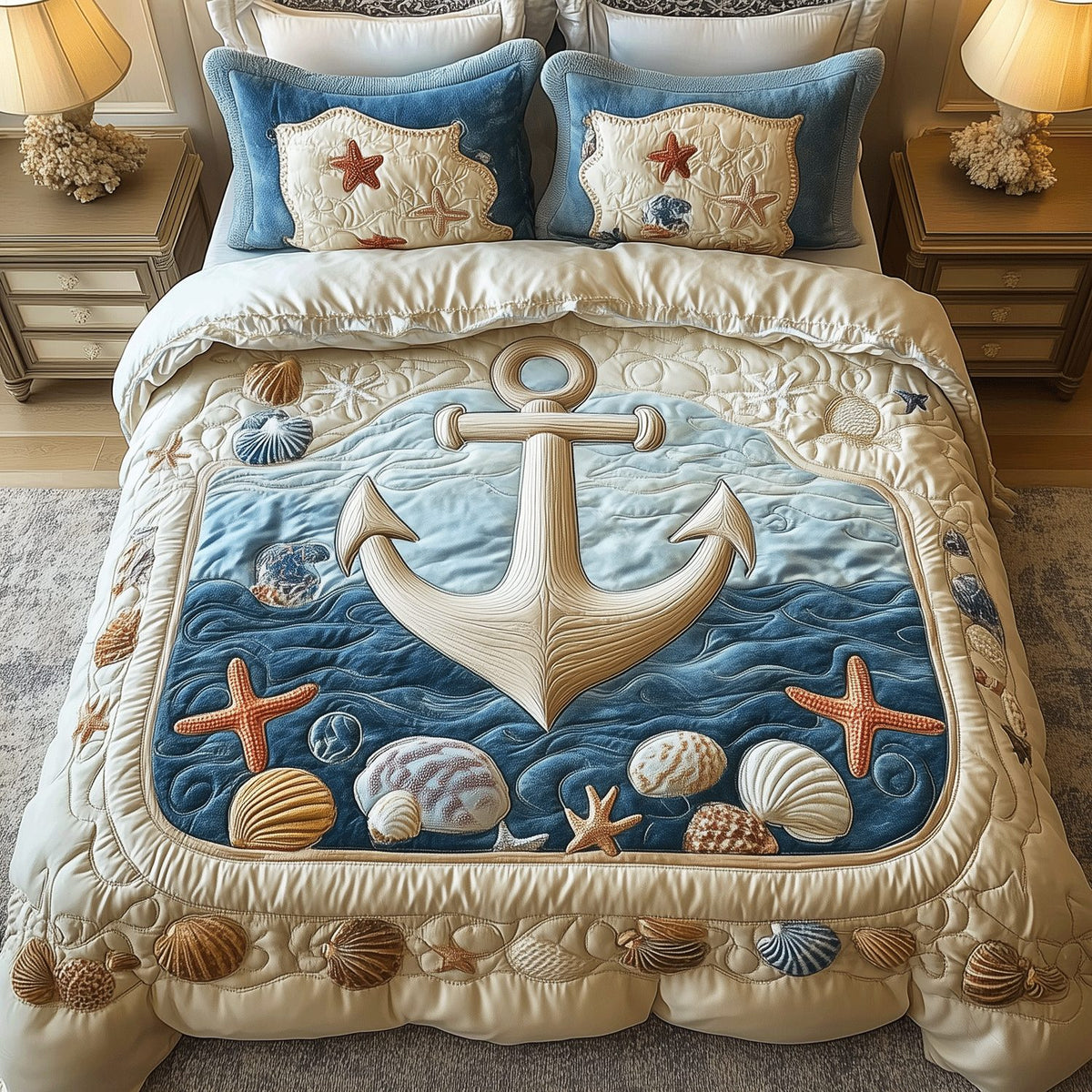 Ocean Anchor quilted 3-piece bedding set on a made bed in a light coastal bedroom