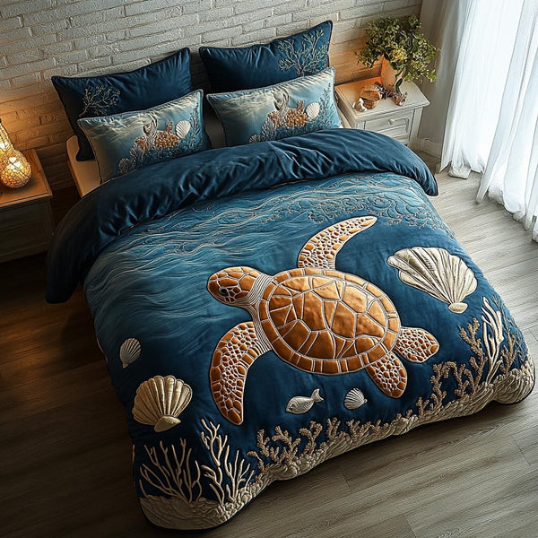 Ocean Balance quilted 3-piece bedding set on a made bed in a light coastal bedroom