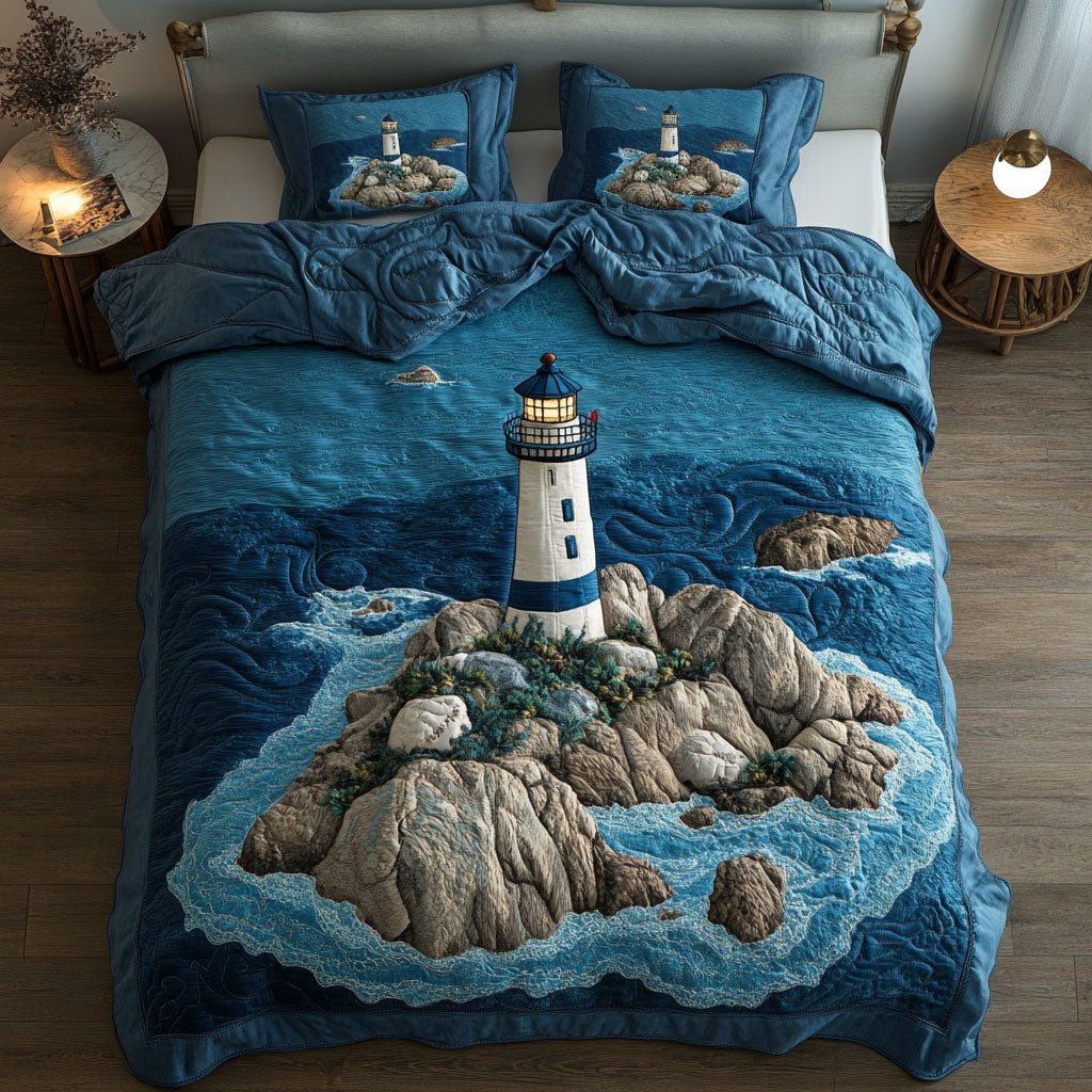 Ocean Beacon quilted 3-piece bedding set on a made bed in a light coastal bedroom