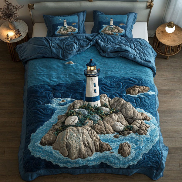 Ocean Beacon quilted 3-piece bedding set on a made bed in a light coastal bedroom