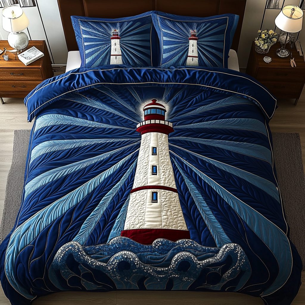Ocean Beacon quilted 3-piece bedding set on a made bed in a light coastal bedroom
