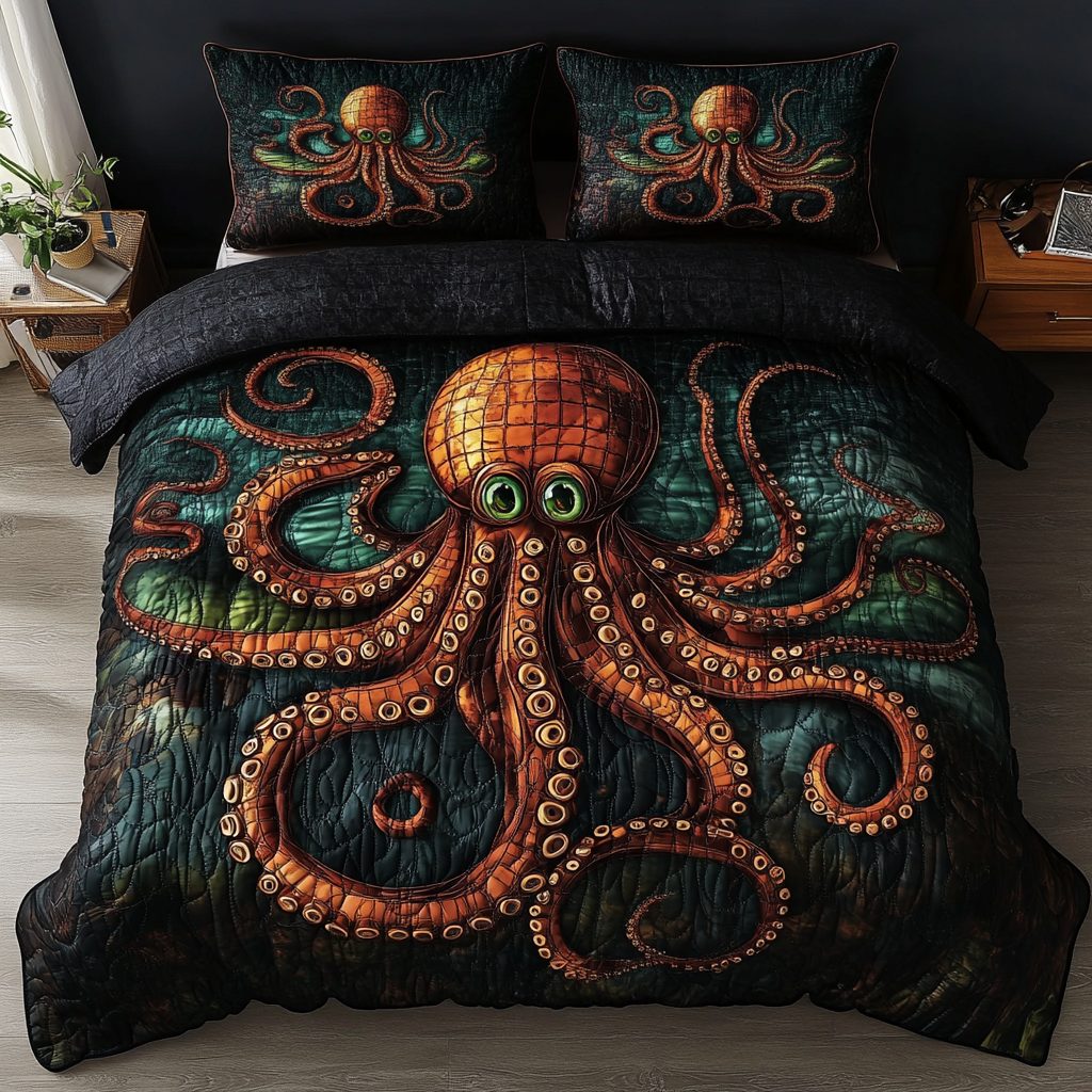 Ocean Beauty quilted 3-piece bedding set on a made bed in a light coastal bedroom
