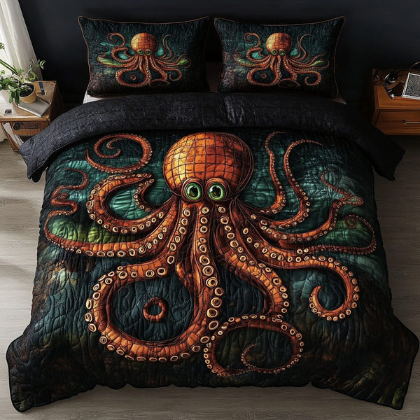 Ocean Beauty quilted 3-piece bedding set on a made bed in a light coastal bedroom