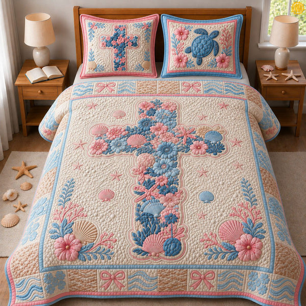 Ocean Bible quilted 3-piece bedding set on a made bed in a softly lit bedroom