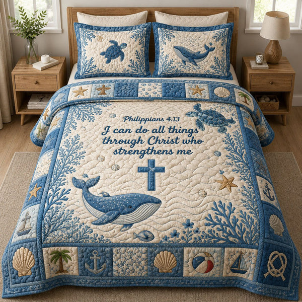 Ocean Bible Quote quilted 3-piece bedding set on a made bed in a softly lit bedroom