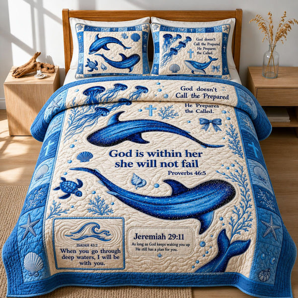 Ocean Bible Quote quilted 3-piece bedding set on a made bed in a softly lit bedroom
