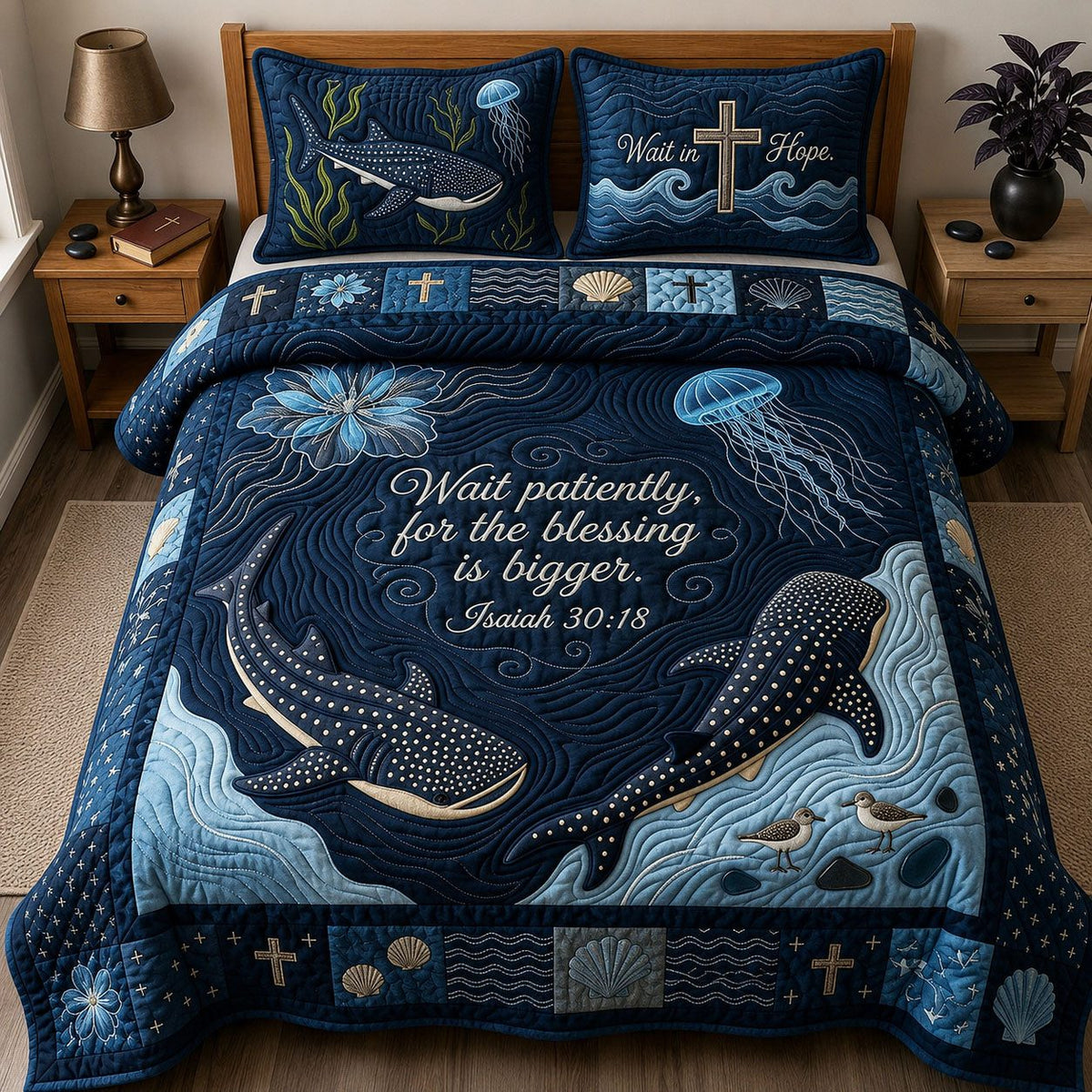 Ocean Bible Quote quilted 3-piece bedding set on a made bed in a softly lit bedroom