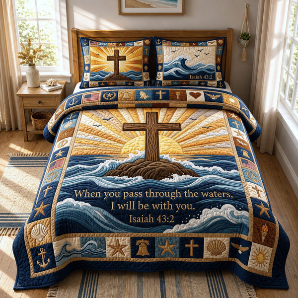 Ocean Bible Quote quilted 3-piece bedding set on a made bed in a softly lit bedroom
