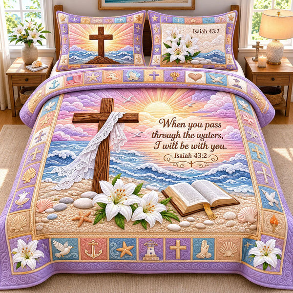 Ocean Bible Quote quilted 3-piece bedding set on a made bed in a softly lit bedroom
