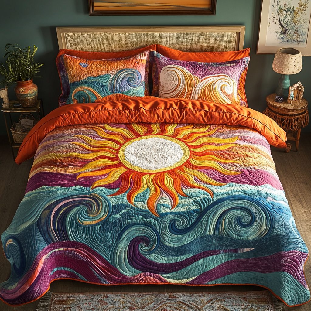 Ocean Blaze quilted 3-piece bedding set on a made bed in a light coastal bedroom