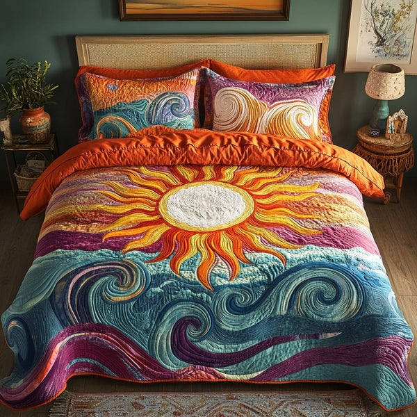Ocean Blaze quilted 3-piece bedding set on a made bed in a light coastal bedroom