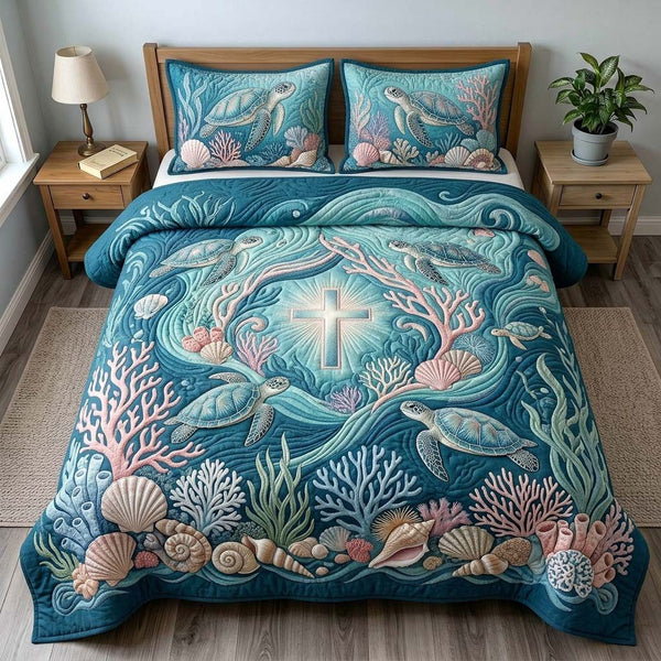 Ocean Blessing Turtles quilted 3-piece bedding set on a made bed in a light coastal bedroom