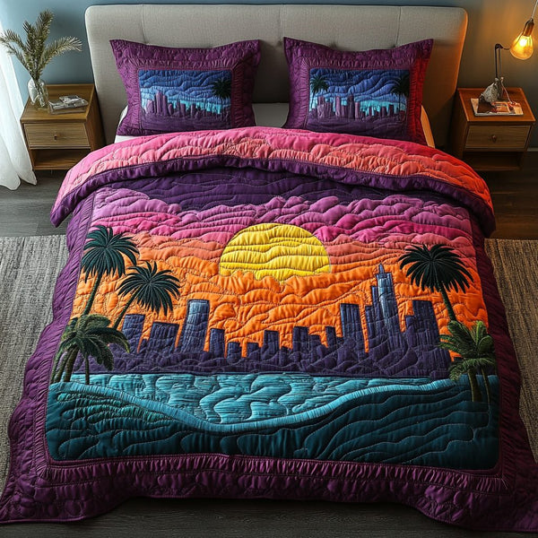 Ocean Bliss quilted 3-piece bedding set on a made bed in a light coastal bedroom