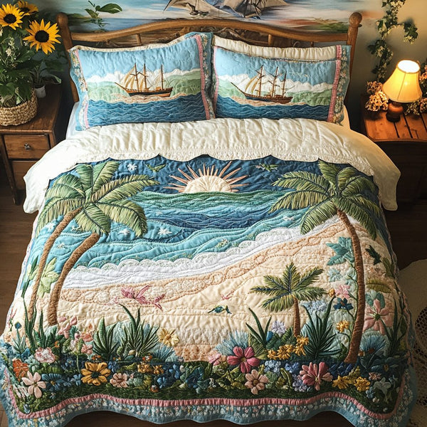Ocean Bliss quilted 3-piece bedding set on a made bed in a light coastal bedroom