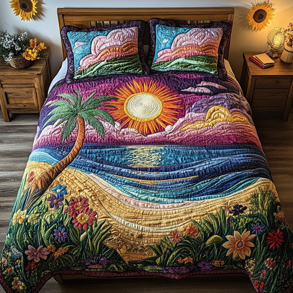Ocean Bliss quilted 3-piece bedding set on a made bed in a light coastal bedroom