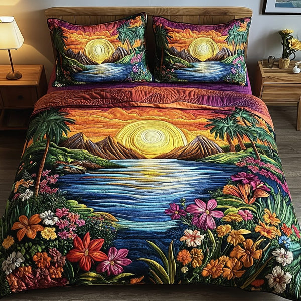 Ocean Bliss quilted 3-piece bedding set on a made bed in a light coastal bedroom