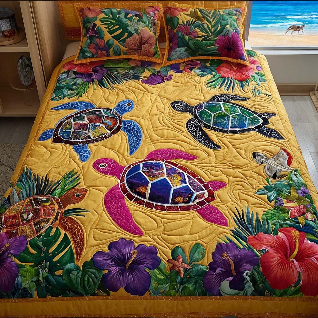 Ocean Bloom quilted 3-piece bedding set on a made bed in a light coastal bedroom