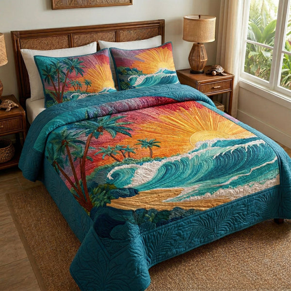 Ocean Bloom quilted 3-piece bedding set on a made bed in a light coastal bedroom
