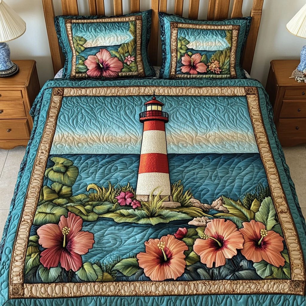 Ocean Bloom quilted 3-piece bedding set on a made bed in a light coastal bedroom