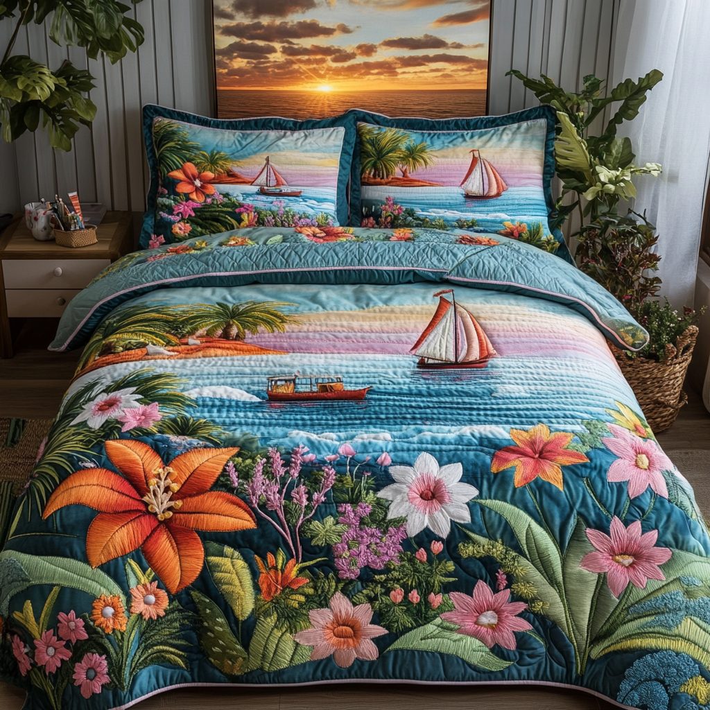 Ocean Bloom quilted 3-piece bedding set on a made bed in a light coastal bedroom