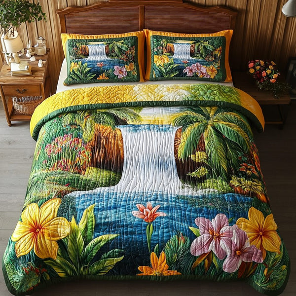 Ocean Bloom quilted 3-piece bedding set on a made bed in a light coastal bedroom