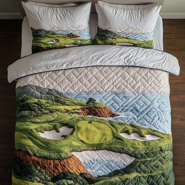 Ocean Bluff Golf Course quilted 3-piece bedding set on a made bed in a light coastal bedroom