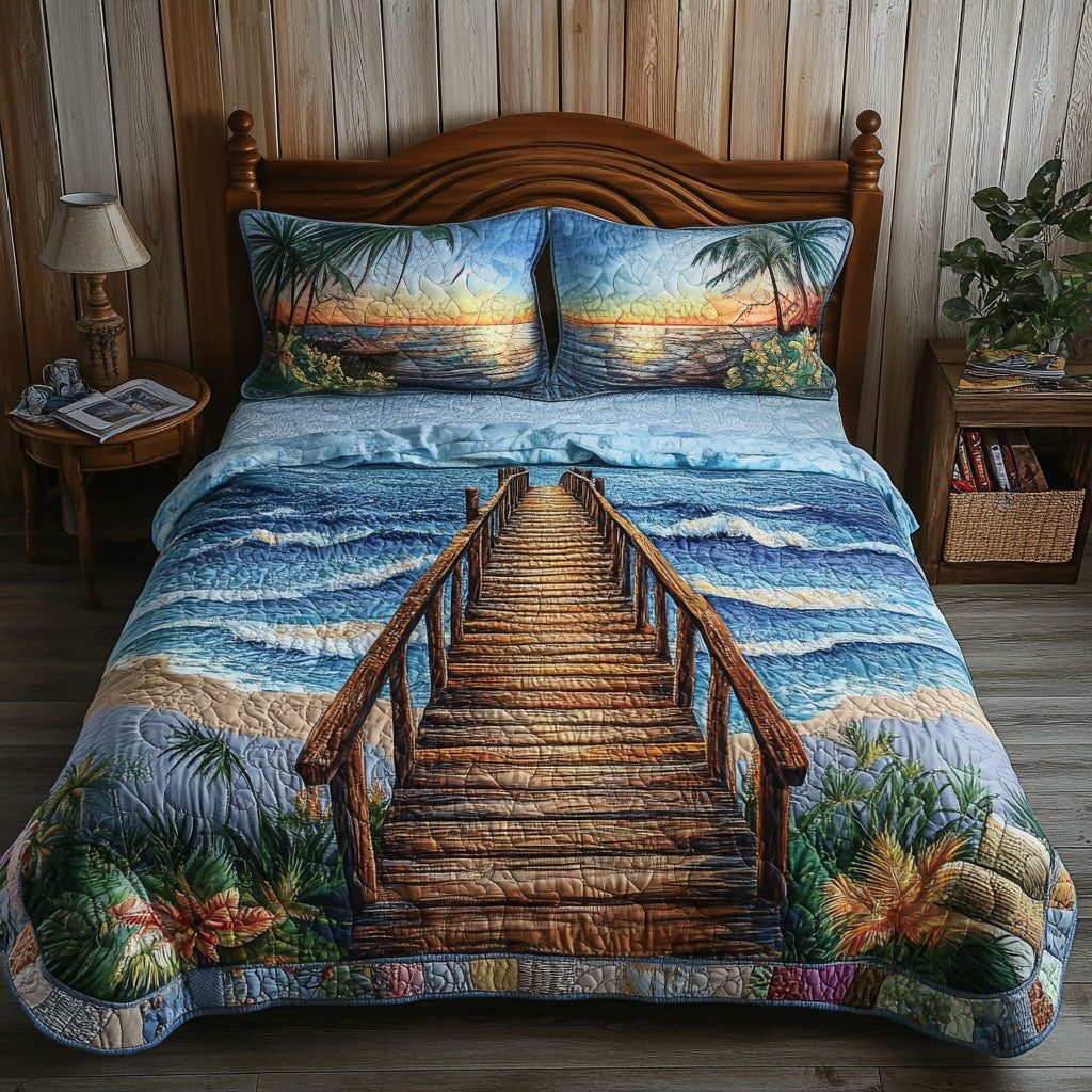 Ocean Breeze Horizon quilted 3-piece bedding set on a made bed in a light coastal bedroom