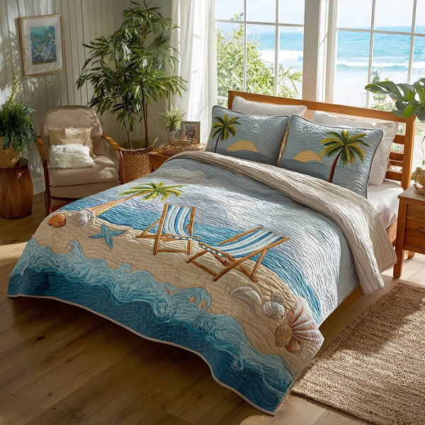 Ocean Breeze Lounger quilted 3-piece bedding set on a made bed in a light coastal bedroom