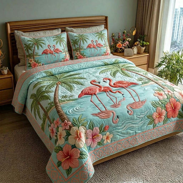 Ocean Breeze Palm quilted 3-piece bedding set on a made bed in a light coastal bedroom