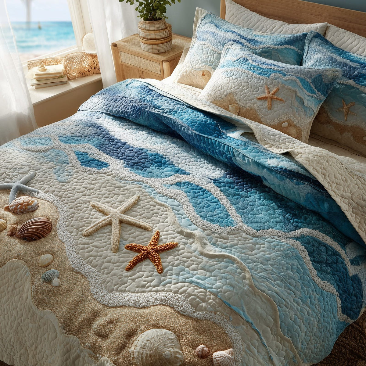 Ocean Breeze quilted 3-piece bedding set on a made bed in a light coastal bedroom
